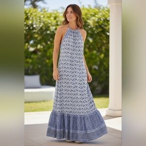 LOFT Blue Printed Halter-Style Maxi Dress